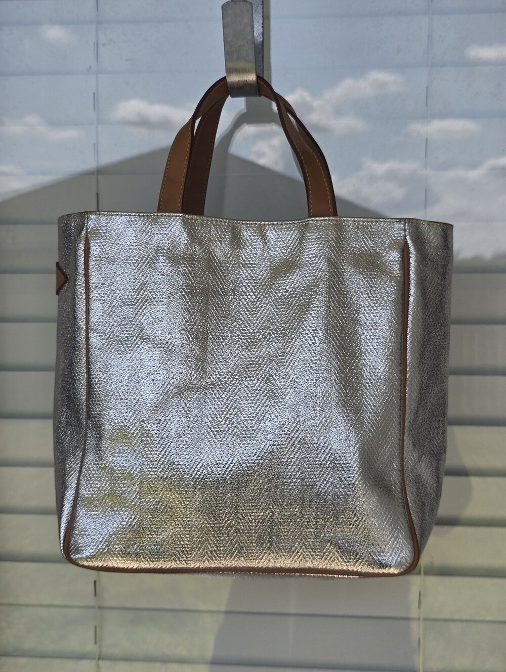 MZ Wallace Metallic Silver Tote Bag Leather Handles Shopper Shoulder Bag Rare
